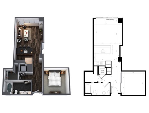 Floor plan for 1 bed, 1 bath, 678 sqft